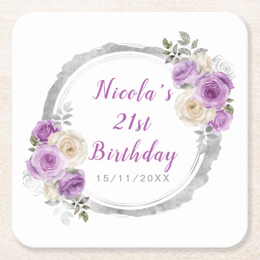 Purple and Silver Elegant Flowers Birthday Kartonnen Onderzetters (Voorkant)