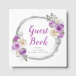 Purple and Silver Elegant Flowers Birthday Party Gastenboek