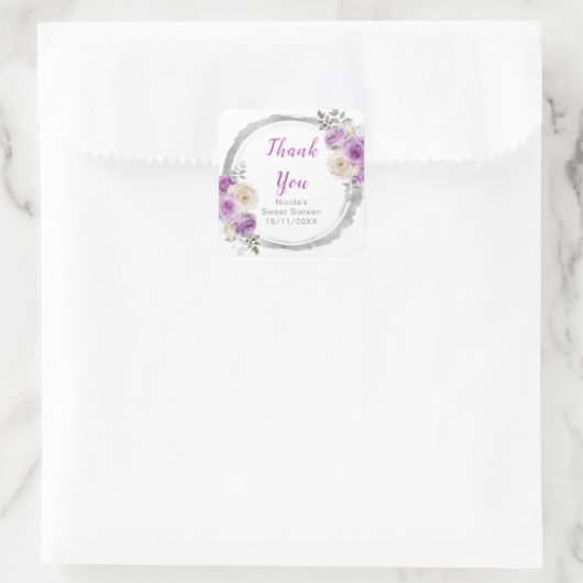 Purple and Silver Elegant Flowers Sweet Sixteen Vierkante Sticker (Tas)