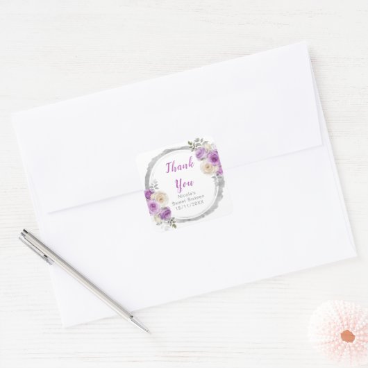 Purple and Silver Elegant Flowers Sweet Sixteen Vierkante Sticker (Envelop)