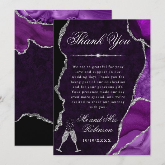 Purple and Silver Glitter Agate & Marble Wedding Bedankkaart (Voorkant / Achterkant)