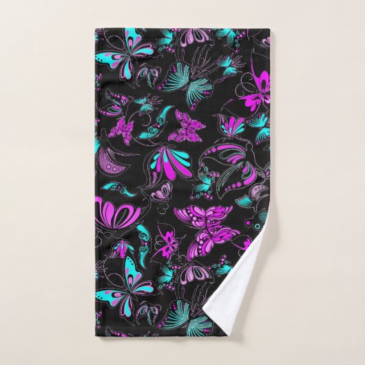 purple and teal butterflies bad handdoek (Handdoek)