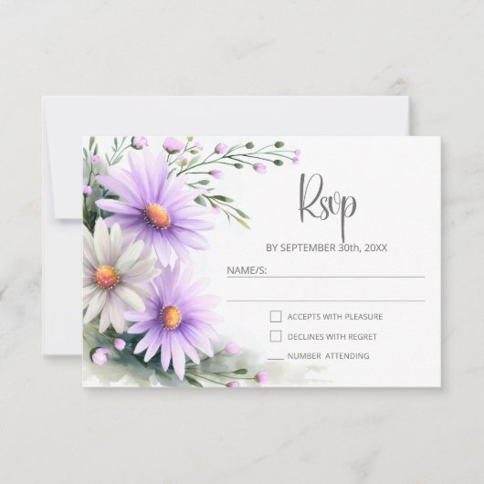 Purple and White Daisies Wedding RSVP Kaartje (Voorkant)