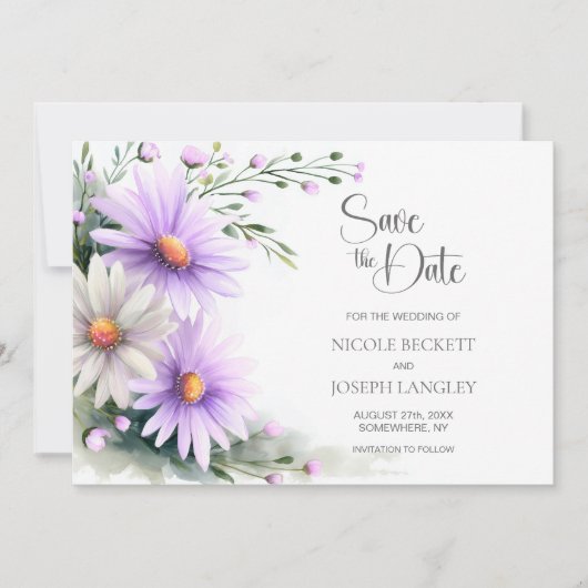 Purple and White Daisies Wedding Save the Date (Voorkant)
