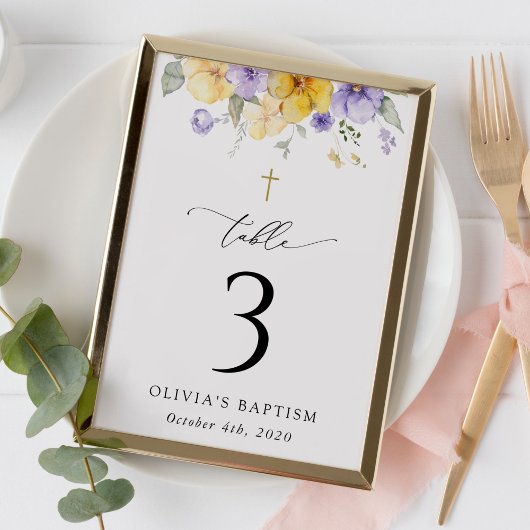 Purple and Yellow Flowers, Baptism Table Numbers Kaart