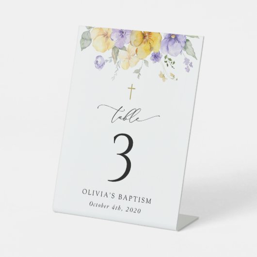 Purple and Yellow Flowers, Baptism Table Numbers Reclamebord Met Voetstuk (Voorkant)