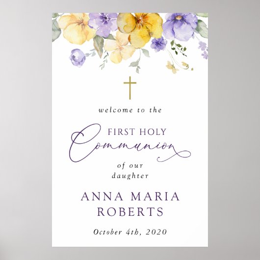 Purple and Yellow Flowers, First Communion Welcome Poster (Voorkant)