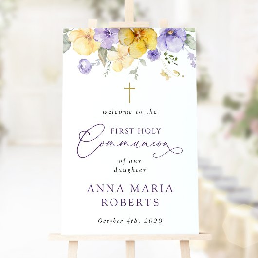 Purple and Yellow Flowers, First Communion Welcome Poster