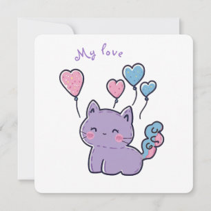 purple anime kitten and hearts kaart