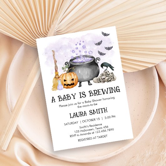 Purple Baby is Brewing Halloween Baby Shower Kaart