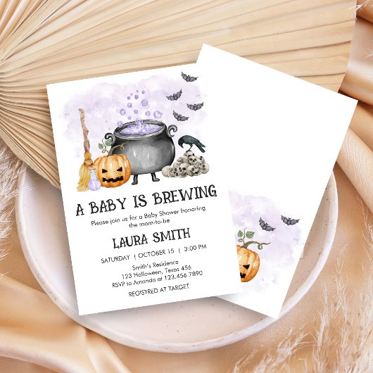 Purple Baby is Brewing Halloween Baby Shower Kaart