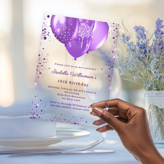 Purple balloons luxury birthday clear acryl uitnodigingen