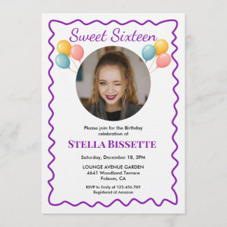 Purple Balloons Photo Sweet Sixteen Birthday  Kaart