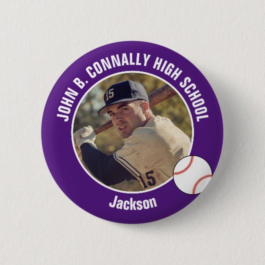 Purple Baseball Player Photo High School Spirit Ronde Button 5,7 Cm (Voorkant)