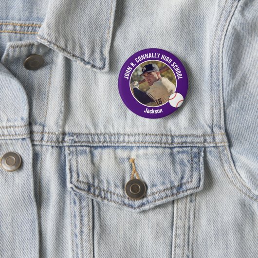 Purple Baseball Player Photo High School Spirit Ronde Button 5,7 Cm (In situ)