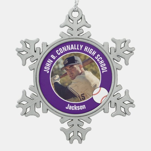 Purple Baseball Player Photo High School Tin Sneeuwvlok Ornament (Voorkant)