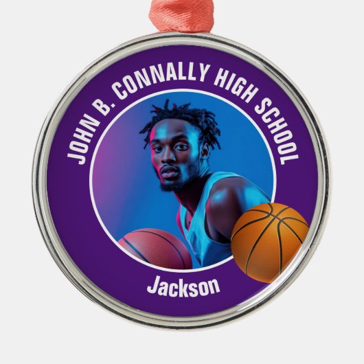 Purple Basketball Player Photo Christmas Metalen Ornament (Voorkant)