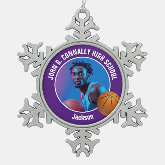 Purple Basketball Player Photo Keepsake Gift Tin Sneeuwvlok Ornament (Voorkant)