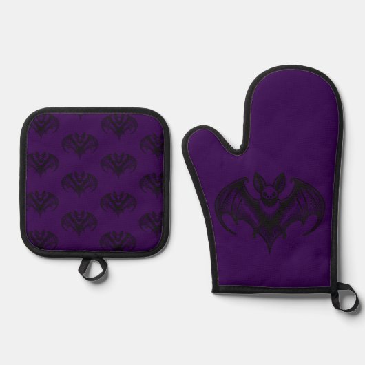 Purple Bat Patterned Oven Mitt and Pot Holder Set (Voorkant)