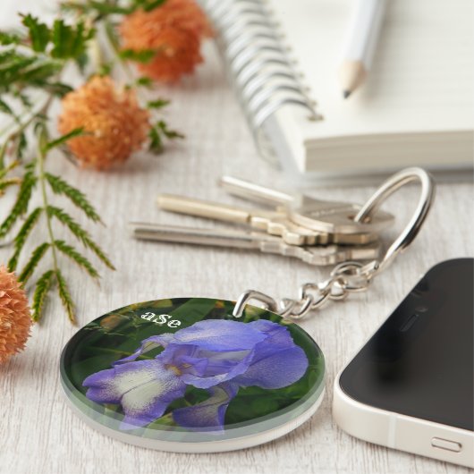 Purple Bearded Iris Floral Monogram Acrylic Keycha Sleutelhanger (Voorkant Rechts)