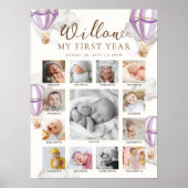 Purple Beary First Birthday Photo Timeline Poster (Voorkant)