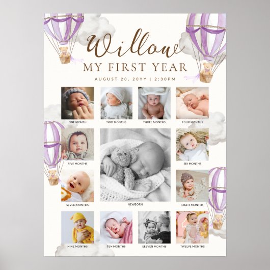 Purple Beary First Birthday Photo Timeline Poster (Voorkant)