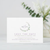 Purple berries green leaves monogram photo wedding save the date (Staand voorkant)