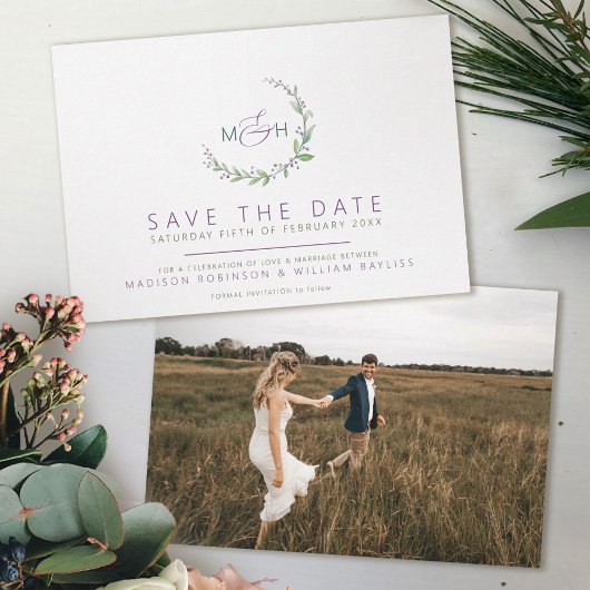 Purple berries green leaves monogram photo wedding save the date