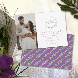 Purple berries green leaves monogram photo wedding save the date