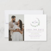 Purple berries green leaves monogram photo wedding save the date (Voorkant)