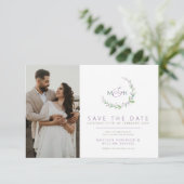 Purple berries green leaves monogram photo wedding save the date (Staand voorkant)