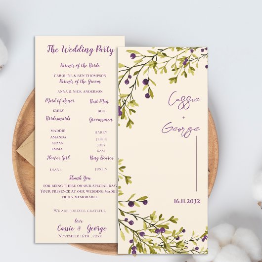 Purple Berry & Greenery Wedding Program Card Kaart