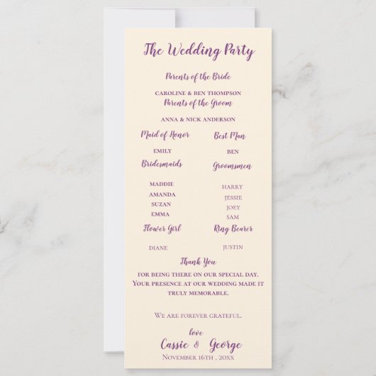 Purple Berry & Greenery Wedding Program Card Kaart (Achterkant)