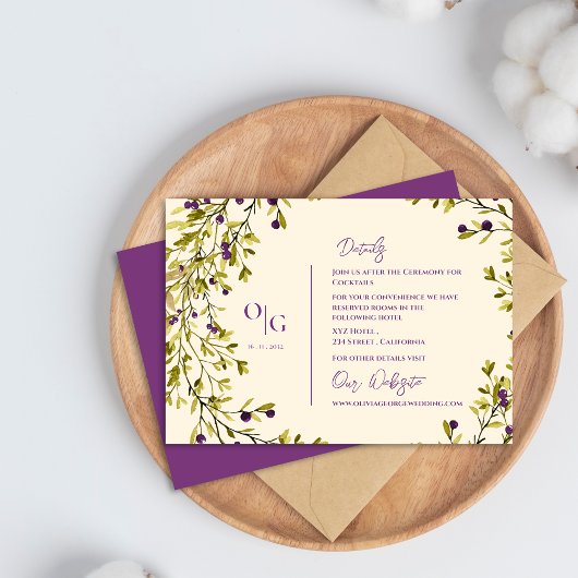 Purple Berry Rustic Greenery Wedding Details Informatiekaartje
