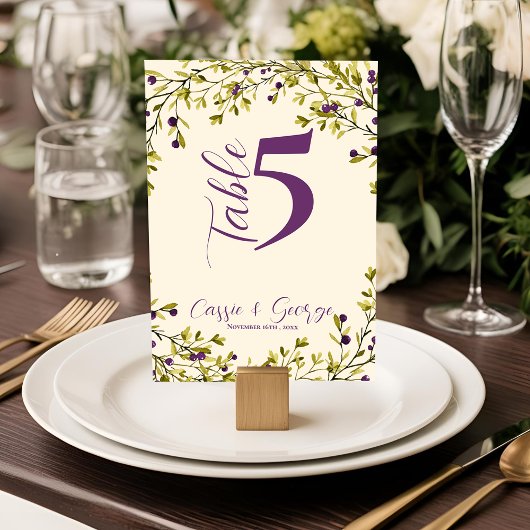 Purple Berry Rustic Greenery Wedding Table Number Bedankkaart