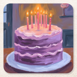 Purple Birthday Cake Painting Birthday Party Kartonnen Onderzetters
