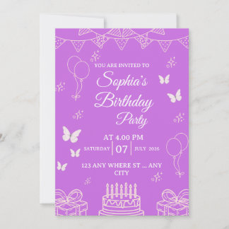 Purple Birthday Party Invitation with Balloons Kaart