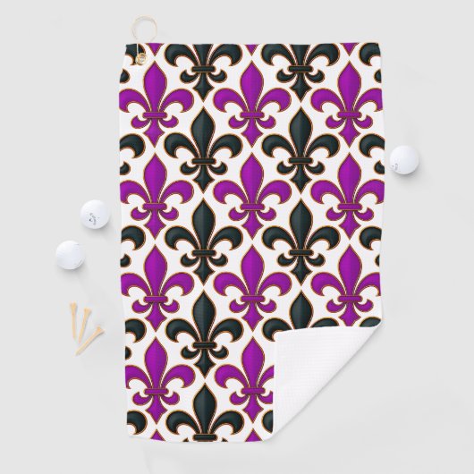 Purple Black Baroque Fleur-de-lis Pattern Design  Golfhanddoek (Insitu)
