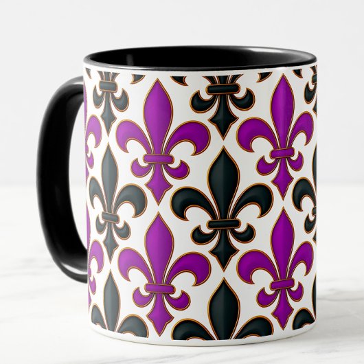 Purple Black Baroque Fleur-de-lis Pattern Design Mok