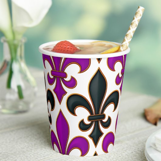 Purple Black Baroque Fleur-de-lis Pattern Design Papieren Bekers