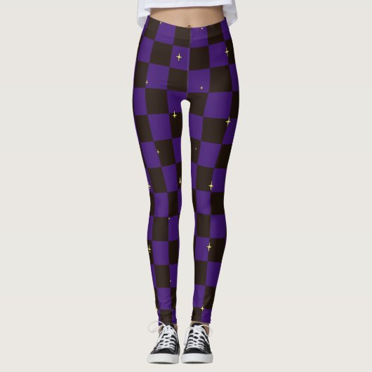 Purple & Black Plaid Halloween Leggings With Stars (Voorkant)