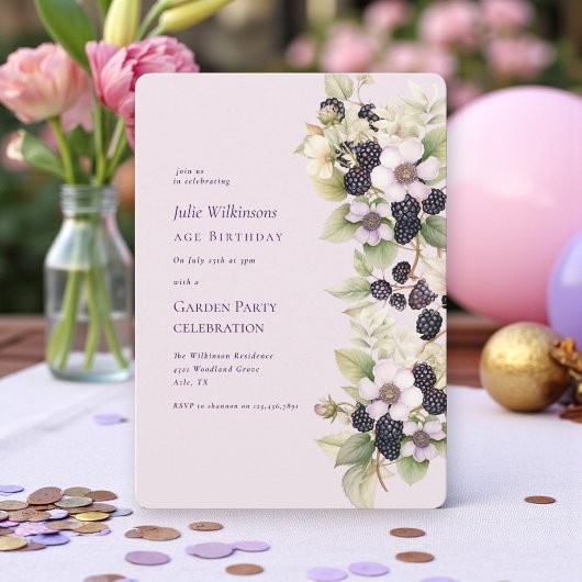 Purple Blackberry Garden Birthday Invitation Kaart