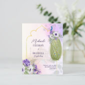 Purple bloemen pauw budget Mehndi uitnodiging (Staand voorkant)