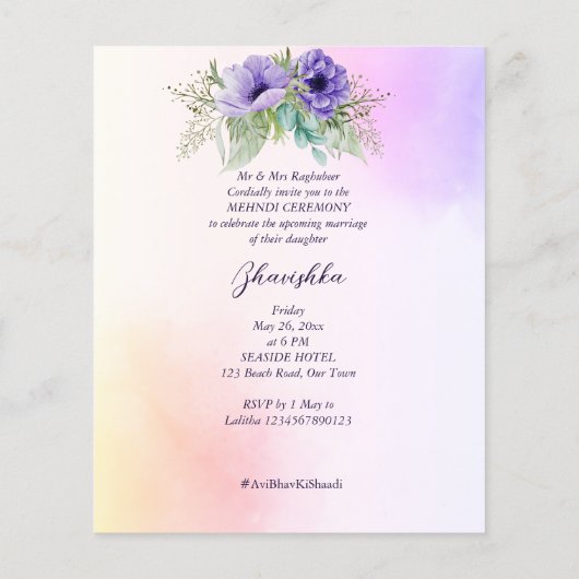 Purple bloemen pauw budget Mehndi uitnodiging (Achterkant)