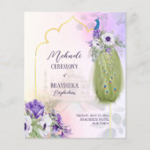 Purple bloemen pauw budget Mehndi uitnodiging (Voorkant)