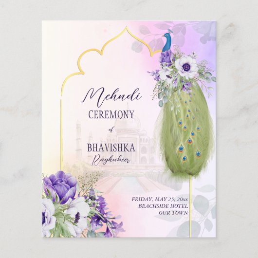 Purple bloemen pauw budget Mehndi uitnodiging (Voorkant)