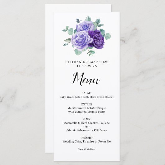 Purple Bloom Eucalyptus Botanical Wedding Menu (Voorkant / Achterkant)
