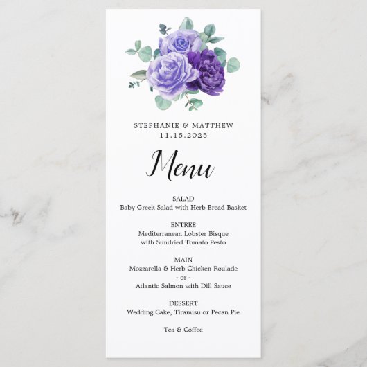 Purple Bloom Eucalyptus Botanical Wedding Menu (Voorkant)