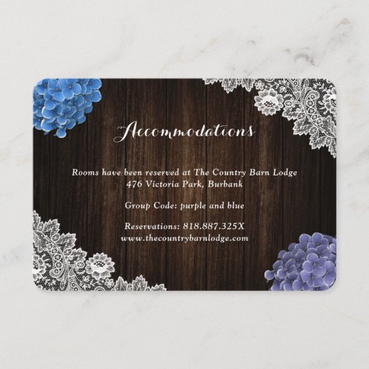 Purple Blue Floral Wedding Hotel Accommodation Informatiekaartje (Voorkant)
