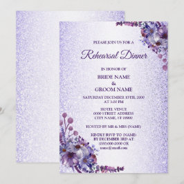 Purple Blue Pink Floral Glitter Rehearsal Dinner Kaart